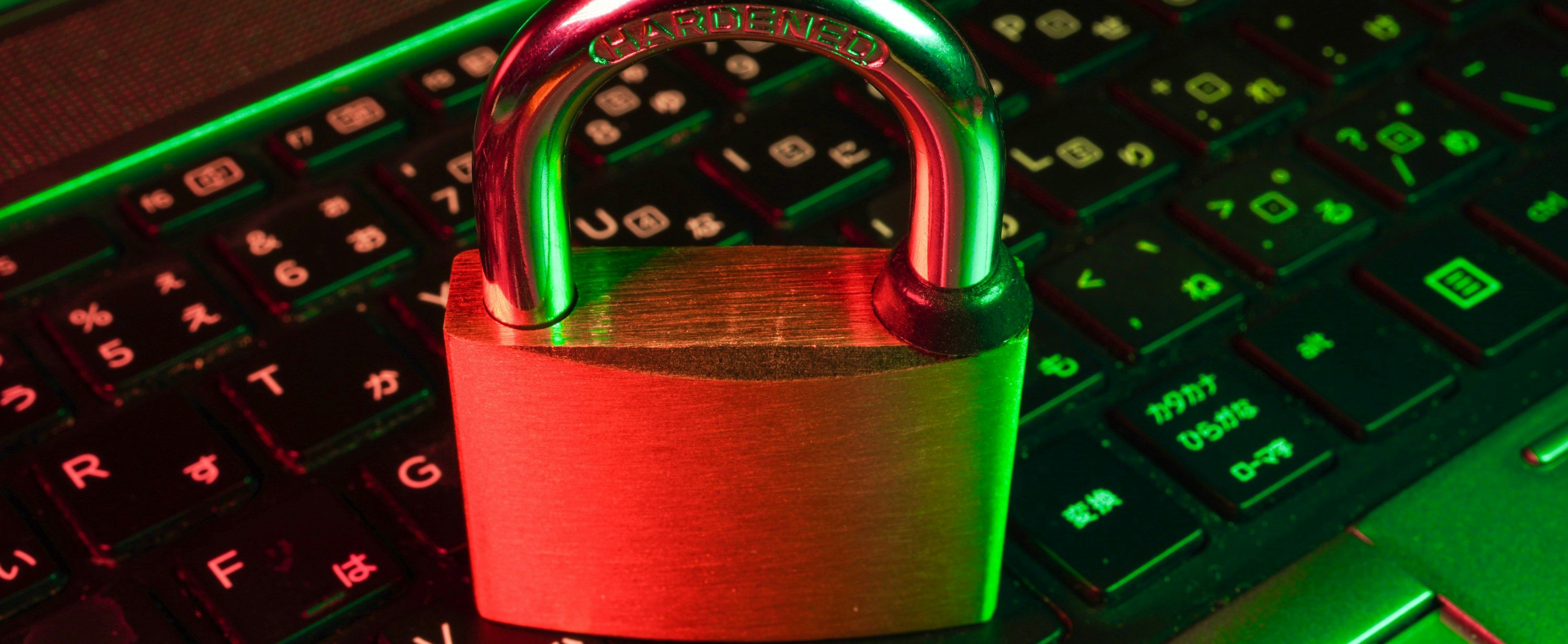 A gold keylock on a keyboard with bright colours