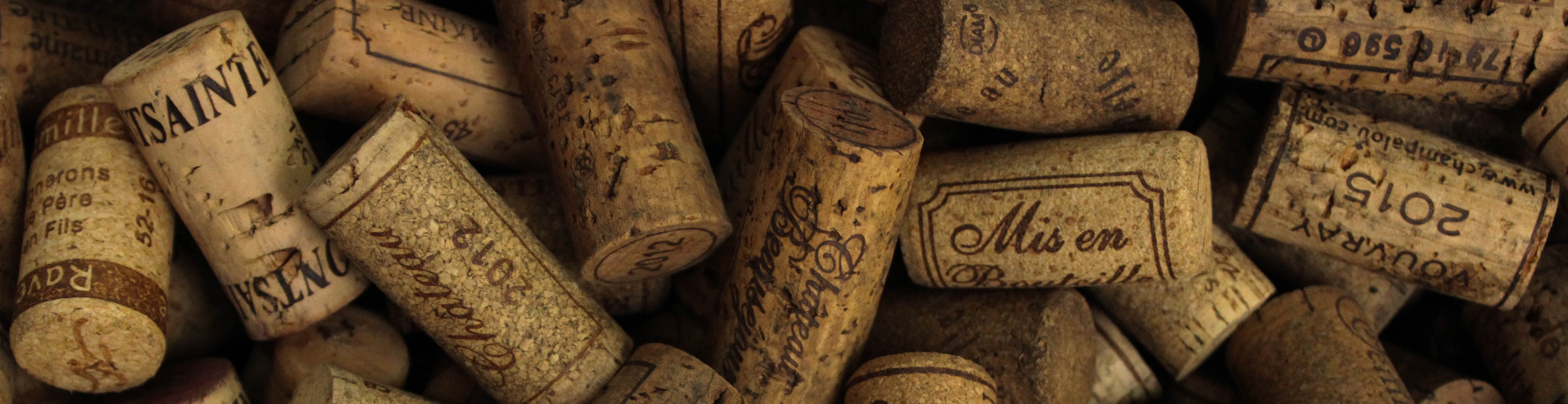 Picture of wine corks. They are long beige cylinders with black markings on them, 